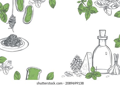 Hand-drawn pesto sauce.  Vector background.Sketch illustration