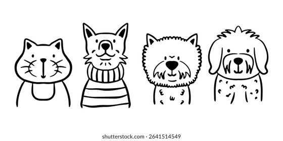 Hand-drawn pet portraits in a simple doodle style. Cat, dog in sweater, fluffy dog, and scruffy doggy. Design elements for stickers, social media, posters, and apparel. Vector image