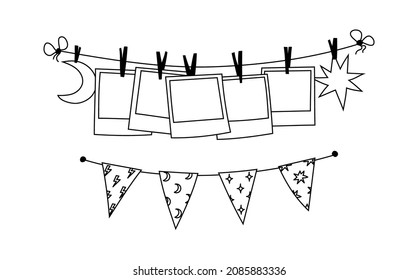 Hand-drawn photo cards pinned to a rope. Doodle decorate your home area with photos and a garland of flags. Clothespins on a string with pictures. Vector illustration isolated outline.