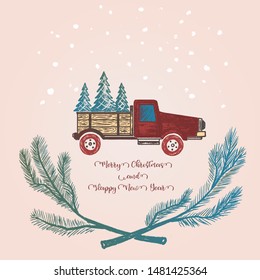 Hand-drawn pickup truck with Christmas trees. Hand-drawn vector illustration