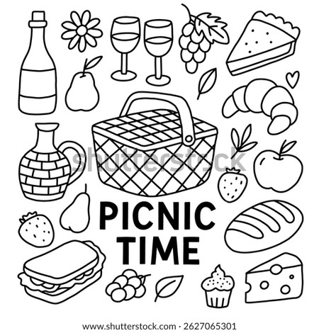 Hand-drawn picnic doodle packed with fun food items, picnic basket at center, picnic scene includes fruits, bread, drinks, all elements create cheerful picnic atmosphere, perfect for design.