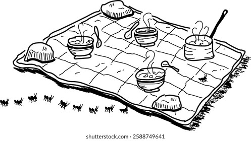 Hand-drawn picnic vector doodle. Pot of campfire stew, bowls of hot stew, picnic blanket, and ants. For those who love to dine outdoors.