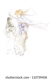 hand-drawn picture converted into vector : wedding day, bride and groom