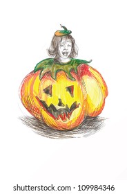 hand-drawn picture on the topic of Halloween theme: CHILD in a haunted Halloween pumpkin costume (this is original sketch converted into vector)