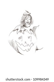 hand-drawn picture on the topic of Halloween theme: CHILD in a haunted Halloween pumpkin costume (this is original sketch converted into vector)