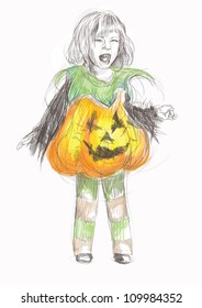 hand-drawn picture on the topic of Halloween theme: CHILD in a haunted Halloween pumpkin costume (this is original sketch converted into vector)