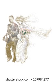 hand-drawn picture on the topic wedding day, BRIDE AND GROOM (this is original sketch converted into vector)