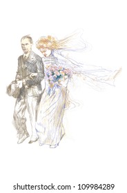 hand-drawn picture on the topic of wedding day, BRIDE AND GROOM (this is original sketch converted into vector)