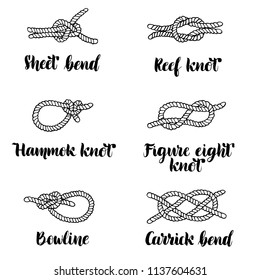 Hand-drawn picture of sea knots set made in vector. Hand lettering. For a logo, visual material, poster or educational purpose. Isoleted.