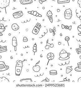 Hand-drawn picture with sweets and desserts. Vector doodles. Isolated food on a white background. Seamless pattern, pattern with food and drinks