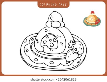 Handdrawn piece of cake with strawberry on top. Vector art coloring page for children and adult