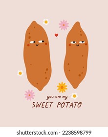 Hand-drawn piece of two sweet potatoes with flowers and hand lettering. Valentine's day, a romantic present, breakfast, sweets. Cute batata.