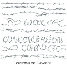 Hand-drawn pieces of barbed wire and the words "war" and "concentration camp" inscribed with barbed wire. Vector set of design elements on the theme of war.