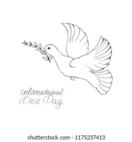 Hand-drawn pigeon with a twig in its beak and handwritten text. Symbol of the international day of peace. Vector illustration on white background.
