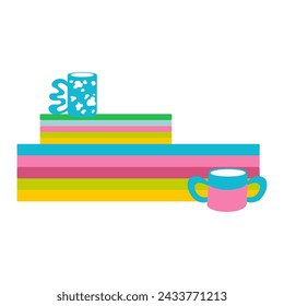 Handdrawn pile of plates withcups. Vector design of eclectic kitchen decor.