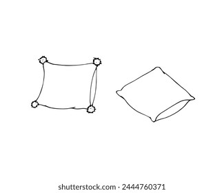 Hand-drawn Pillow sketch set. Doodle drawing of feather cushions. Cozy soft accessories set. Hand-drawn sketch of pillows on a white background. Black and white sketch of two pillows. 
