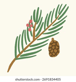 Hand-drawn pine branch with pinecone and berries, winter botanical vector illustration for Christmas design