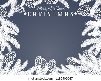 Hand-drawn pine branches and pine nuts in white color and Merry & Sweet Christmas text with star on blue background with your copy space. Design for greeting card, banner or party invitation. 