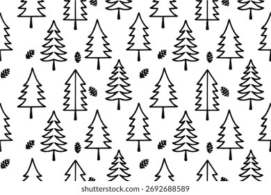 Hand-Drawn Pine Tree and Cone Seamless Pattern – Black and White Forest Christmas Vector Background