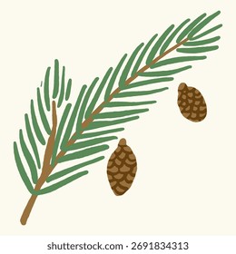 Handgezeichneter Kiefernzweig mit kleinen Pinekonen, immergrüne botanische Vektorgrafik für Weihnachtsdesign