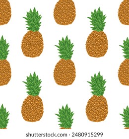 Hand-drawn pineapple colored seamless pattern. Isolated vector ananas illustration. Whole tropical fruit, food sketch.	