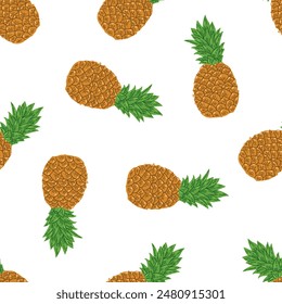 Hand-drawn pineapple colored seamless pattern. Isolated vector ananas illustration. Whole tropical fruit, food sketch.	