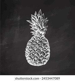 Dibujado a mano boceto de piña. Ilustración aislada de Vector ananas. Fruta tropical entera, boceto de la comida en fondo de pizarra.