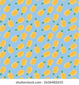 Ananases desenhados à mão em um padrão infantil ingênuo e perfeito. Ananases amarelos sobre um fundo azul. Perfeito para planos de fundo e designs divertidos vibrantes