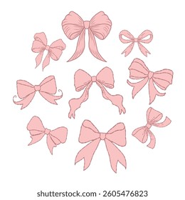 Hand-Drawn Pink Bow Set for Decoration