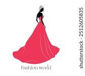 Hand-drawn pink dress wearing lady, A tall lady walking on ramp, Vector illustration of fashion woman