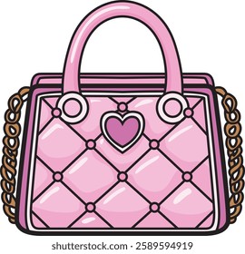 Hand-drawn pink fashion bag with heart vector icon, perfect for trendy, stylish, and romantic-themed designs.