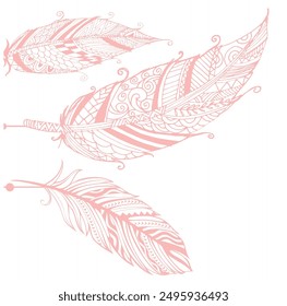 Hand-drawn pink feathers with doodle patterns in white background. Hand draw illustration.
