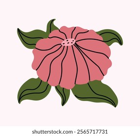 Hand-Drawn Pink Flower with Green Leaves