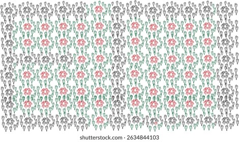Handgezeichnete rosafarbene Blumen und schwarze Blätterelemente in einem sauberen, nahtlosen Muster angeordnet. Ideal für Stoffe, Tapeten und organische Verpackungen.