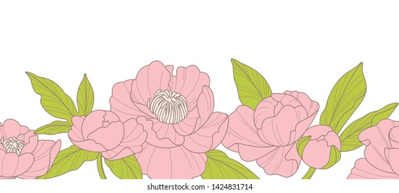 Hand-drawn pink flowers and leaves. Vector peony flowers for invitation, wedding or greeting cards. Botanic elements isolated on white backgroun. Seamless.