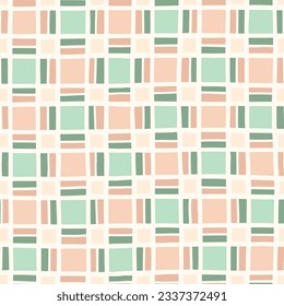 Hand-Drawn Pink and Green Geometric Checks Vector Seamless Pattern. Modern Retro Palyful Print. Organic Square Shapes