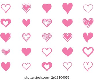 Hand-Drawn Pink Heart Clipart Collection Icons, Vector Illustrator EPS Fully Editable File.