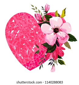 Hand-drawn pink heart and vector bouquet with fresh spring pink flowers and leaves.