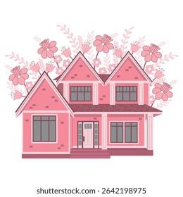 Casa rosa desenhada à mão com ilustração de flores isolada sobre fundo branco. Fachada monocromática da casa de campo em flor. Ilustração vetorial para cartão postal, lembranças e arte de parede