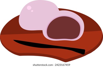 Hand-drawn pink mochi sweet (manju,daifuku) on the plate vector icon illustration. Vector icon.