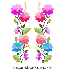 hand-drawn Pink, purple, blue dahlias stylized vector flowers and leaves. Ornamental pattern or set on a white background for embroidery on clothes of a folk costume for a lady,postcard printing