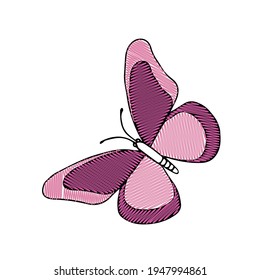 Hand-drawn pink vector illustration of one scribble butterfly is flying on a white background for embroidery
