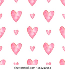 Hand-drawn Pink Watercolor Heart Pattern. Painted Vector Romantic Love Illustration Background.