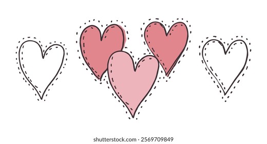 Hand-drawn pink and white hearts with dotted outlines, arranged on a white background, symbolizing love and romance. Valentine's day, wedding illustration.