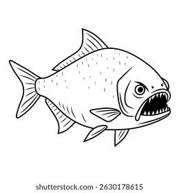 Hand-drawn Piranha. Black and white. Vector sketch of a fish isolated on a white background.