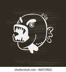 Hand-drawn piranha. Vector illustration on the black background. Angry predatory fish.