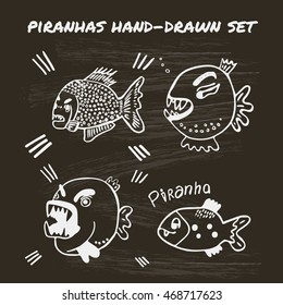 Hand-drawn piranhas set. Vector illustration on black background. Angry predatory fish.