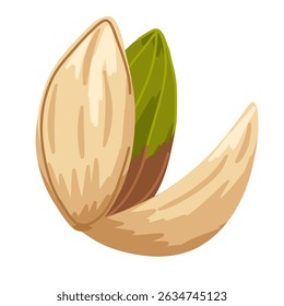 Hand-drawn pistachio nut with open shell and green kernel inside. Clean, minimal design on white background. Great for packaging, recipes, menus or vegan food projects