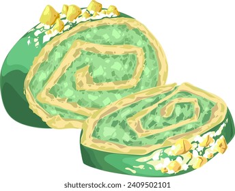 hand-drawn pistachio roulade with cheese cream and pieces of nuts