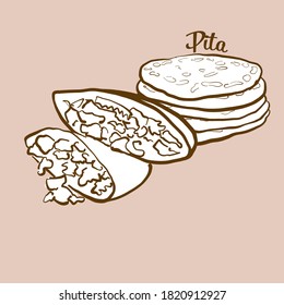 Hand-drawn Pita bread illustration. Flatbread, usually known in Near East, Greece. Vector drawing series.